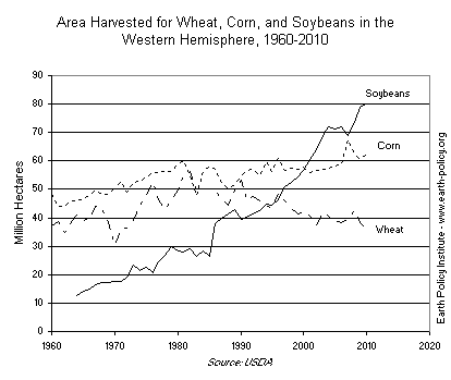 Area Harvested for Wheat, Corn, and Soybeans in the Western Hemisphere, 1960-2010